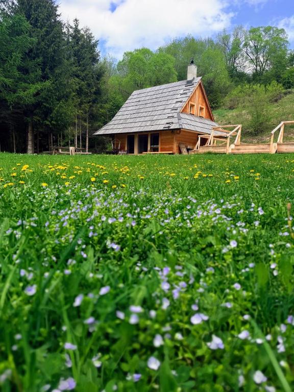 a log cabin with a field of flowers in front of it at Górska Osada Berdo in Chmiel