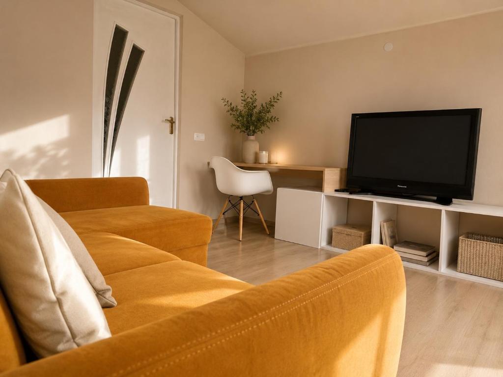 a living room with a couch and a flat screen tv at ZWIN Apartment 4 in Skole