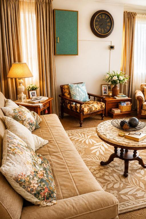 a living room with a couch and a table at The Big Tree Cottage in Graafwater