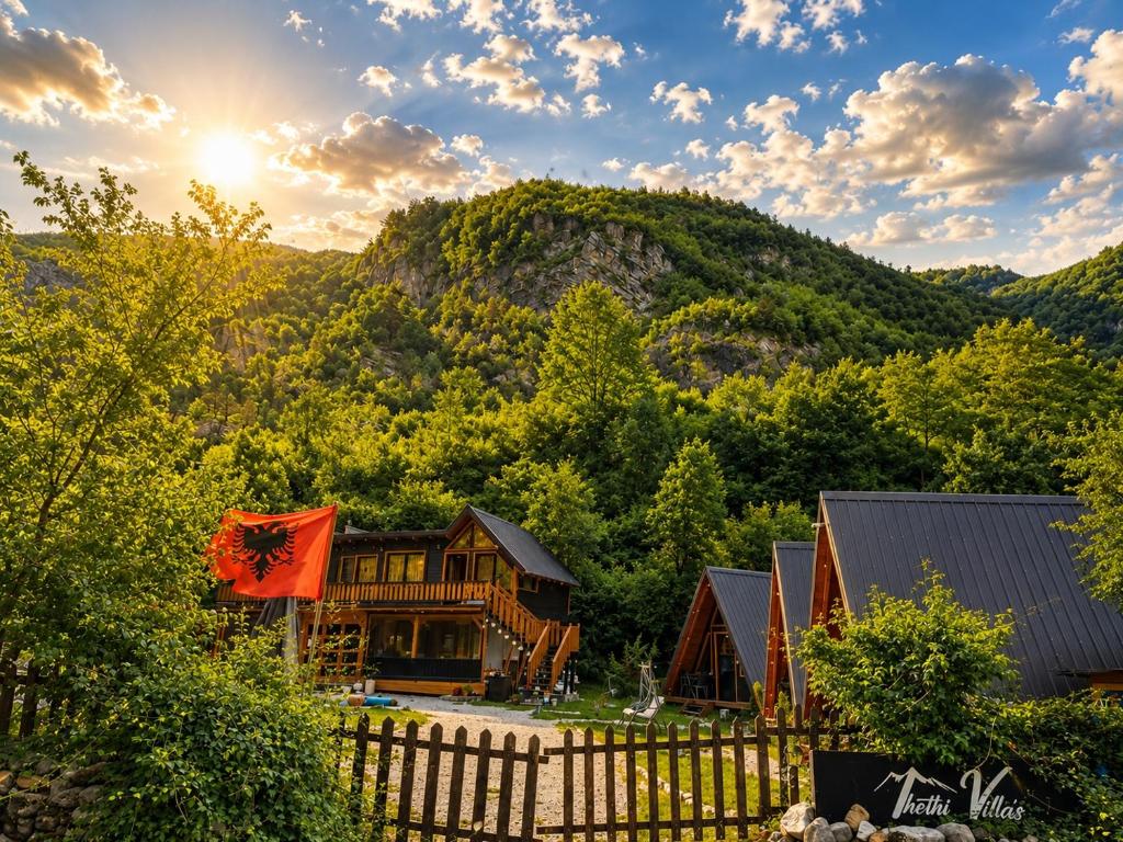 a house with a fence in front of a mountain at Thethi Villas in Theth