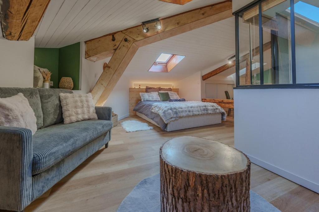 a living room with a couch and a bed at La grande Sure & Spa in Voiron
