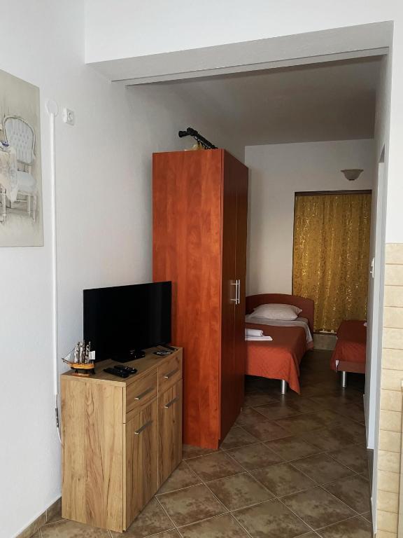 a living room with a television and a bedroom at Apartment Stegic 1 in Radovici