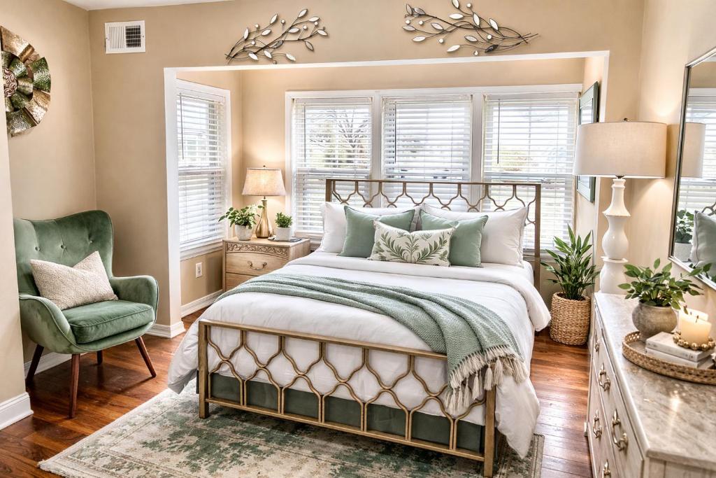 a bedroom with a bed and a chair and windows at The Haven at Mariama House in Upper Marlboro