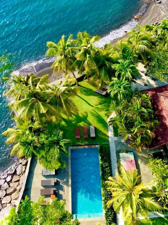 an aerial view of a villa with palm trees and the ocean at 1000 Dream Bungalow in Lovina