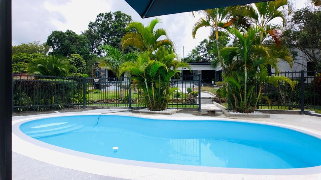 a large blue swimming pool with an umbrella at The Hill Manor in Ndola