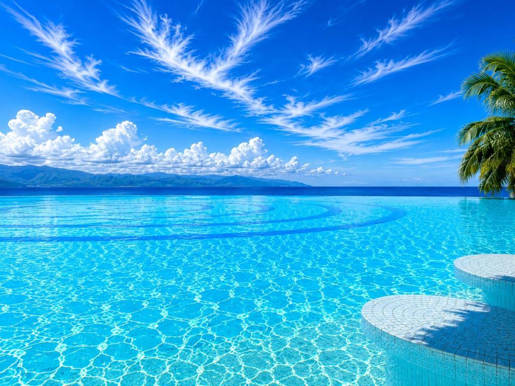 a pool with a palm tree and a blue sky at Luxury Beachfront Condo at Del Canto Residences - Amazing Views! in Nuevo Vallarta