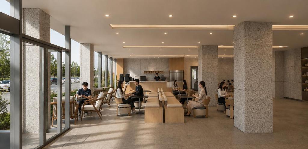 a group of people sitting at tables in a lobby at Potalaka Naksan Beach Wellness in Yangyang