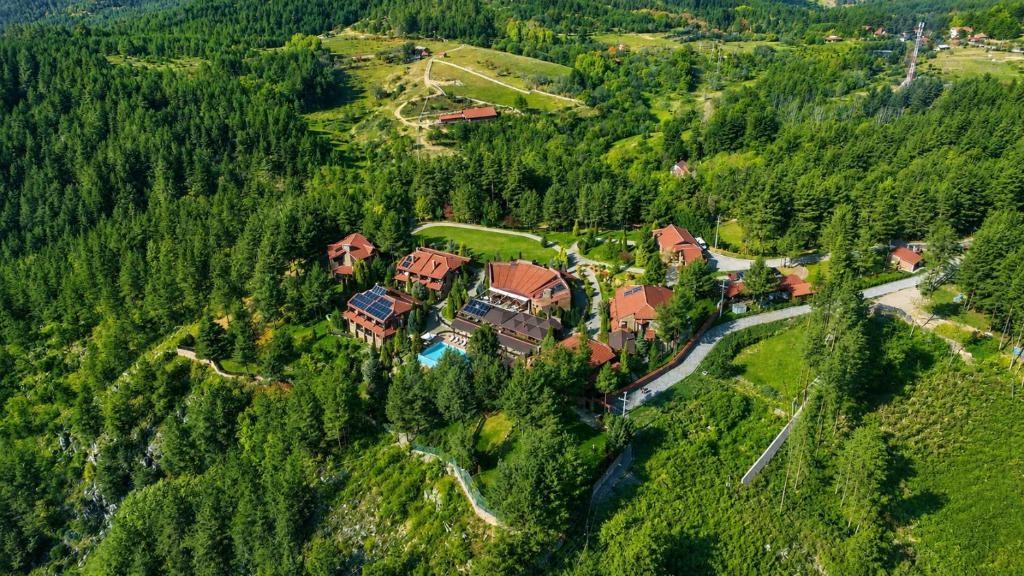 an aerial view of a house on a mountain at Aurora Resort & Spa in Berovo