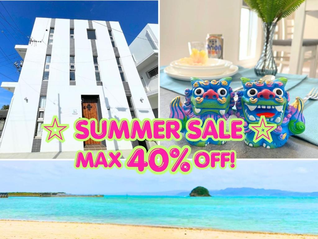 a collage of photos with a summer sale sign and a beach at White Cube Yagaji 沖縄 - Kouri Churaumi - 1min Beach-Max 10ppl-2 Parking in Nago