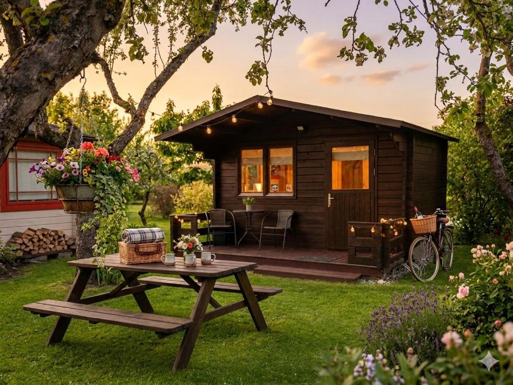 a small cabin with a picnic table in front of it at Cozy Summer House with Free Parking near Town Center & Beach in Kuressaare