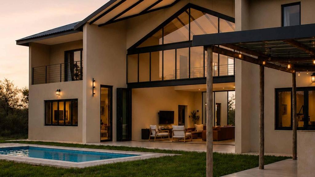 a large house with a pool in front of it at Sanyati Villa in Mmukubyane