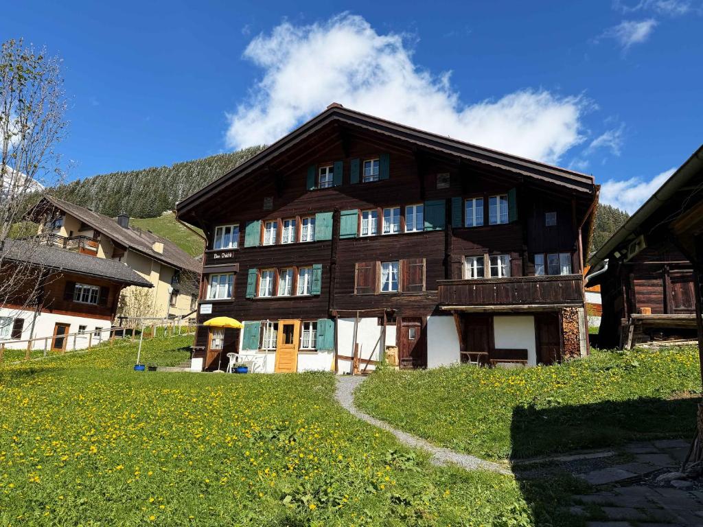 a large wooden house on a grassy hill at Studio bim Chalet bim Chilchli in Mürren