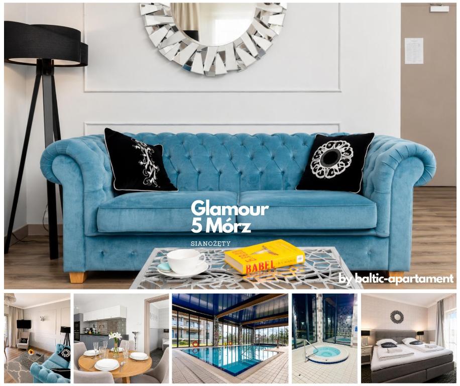 a collage of pictures of a blue couch in a living room at Apartament Glamour - 5 Mórz - Basen - SPA - Sauna in Sianozety