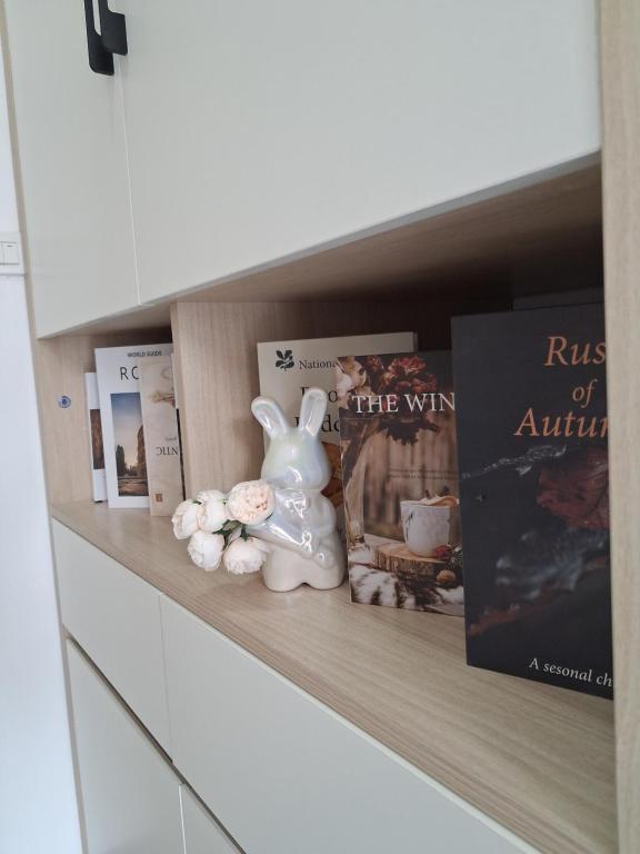 a shelf with books and a rabbit and a book at Lumina Homes 2 Lai Xá in Thuong Thon