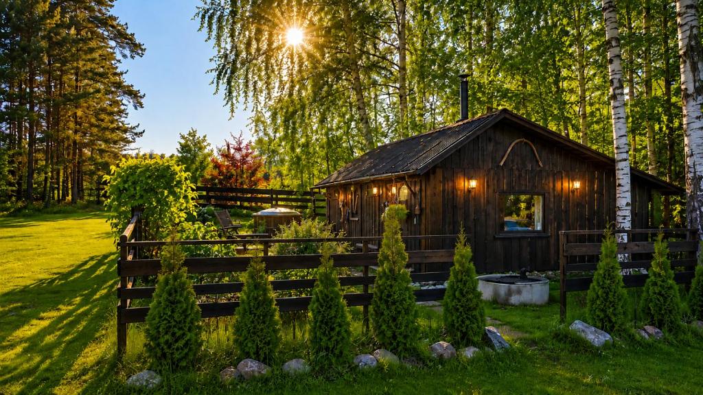 a cabin in the woods with a fence and trees at Pirts Rozēni in Saulkrasti