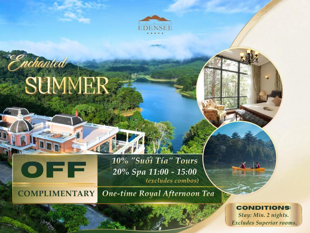 a flyer for a resort with a view of a river at Dalat Edensee Lake Resort & Spa in Da Lat