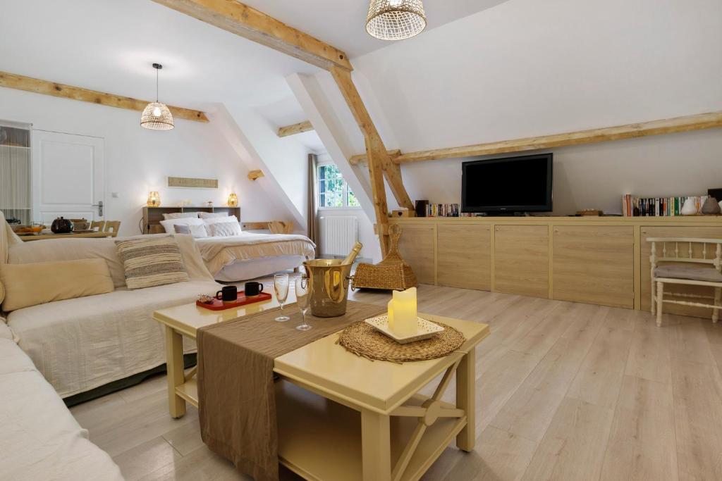 a living room with a couch and a tv at Suite Maraval Chez L'habitant in Trélissac