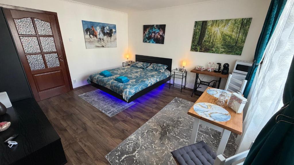 a living room with a bed and a table at Alio Room Campulung Moldovenesc in Câmpulung Moldovenesc