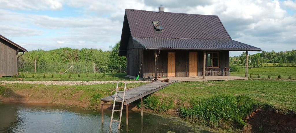 a black house with a wooden dock next to a river at Staltbrieži in Ratnieki