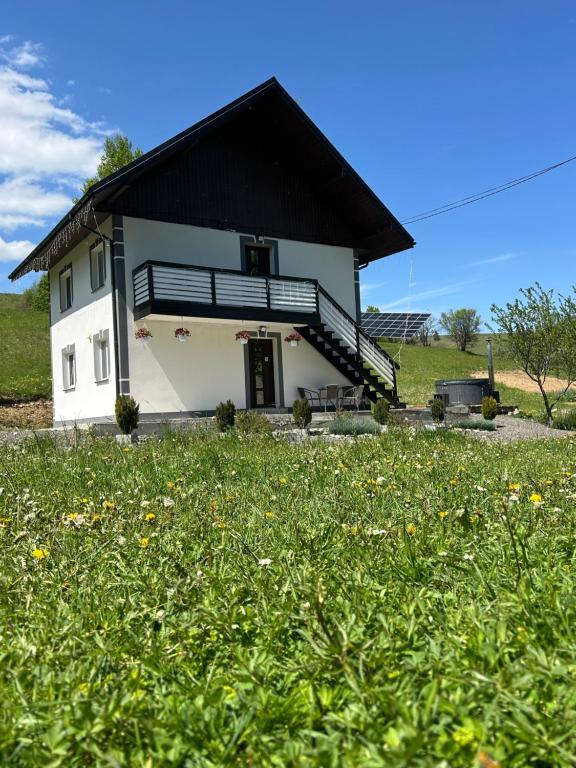 a house with a black roof and a field of flowers at Мелодія Гір in Bukovets