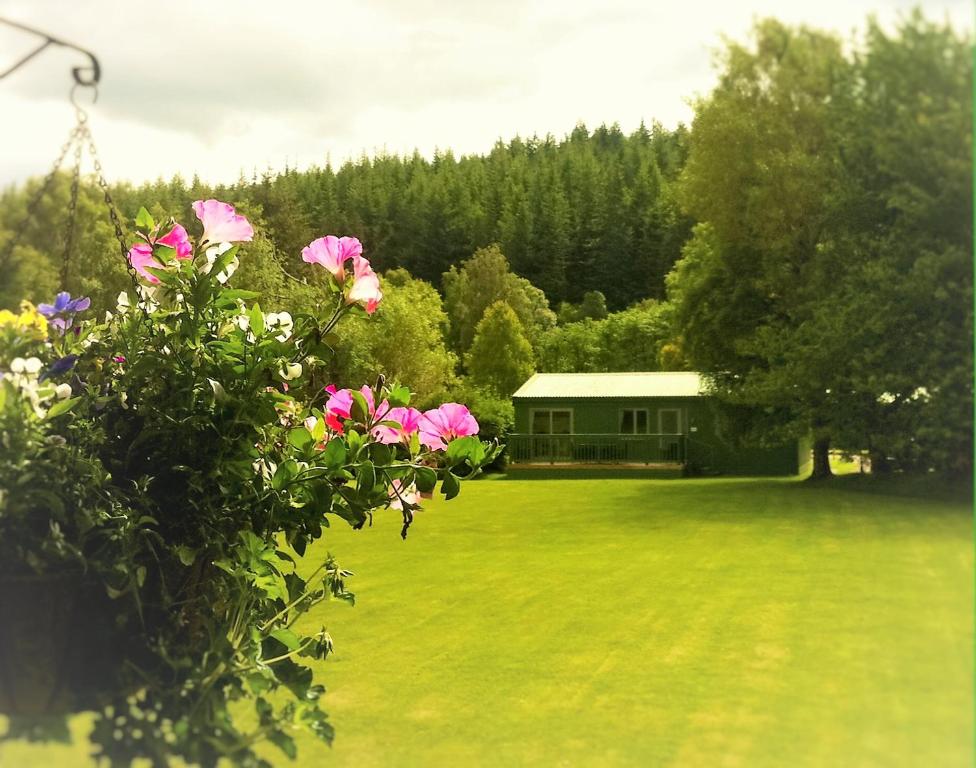 una casa en un campo con un patio con flores en Glen Affric Holiday Park, en Cannich