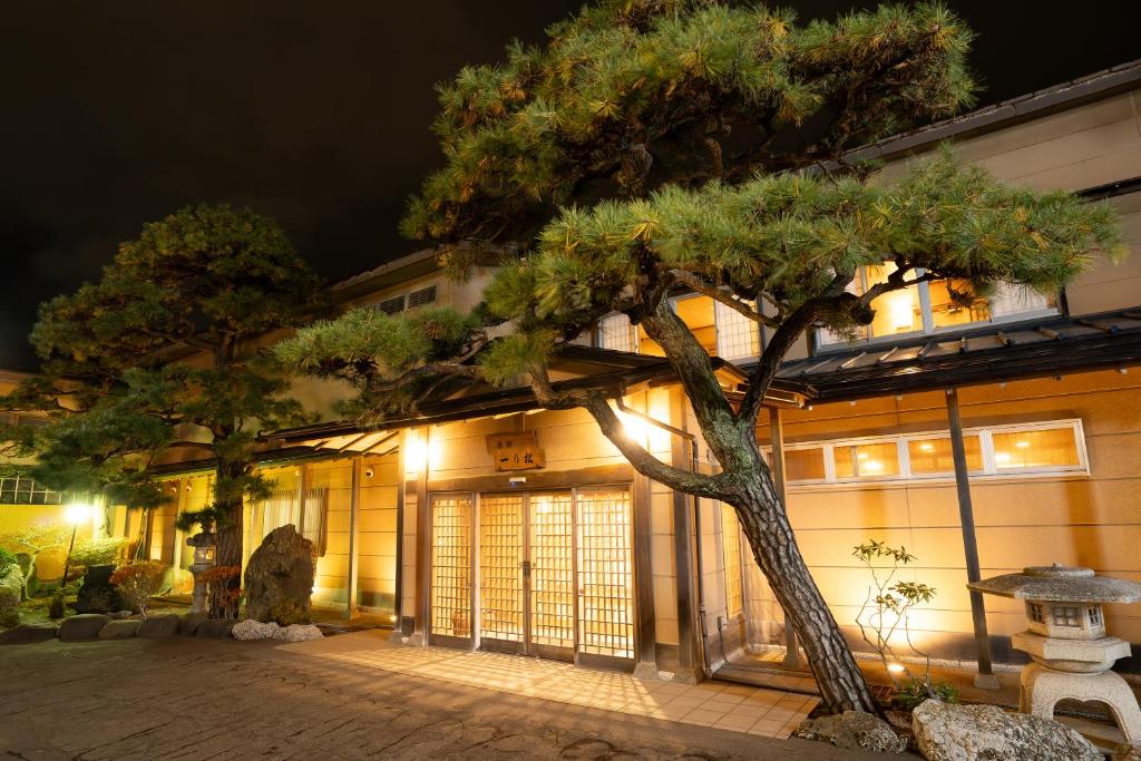 a pine tree in front of a building at night at Ryokan Ichinomatsu in Hakodate