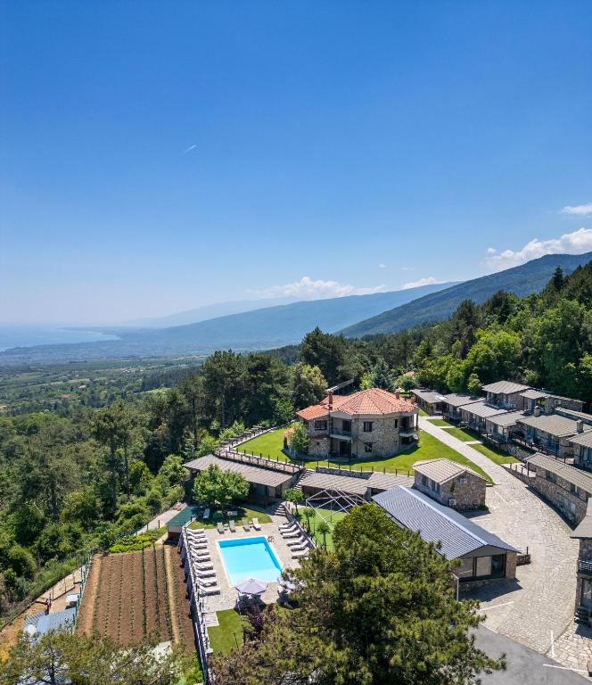 an aerial view of a resort with a swimming pool at Ktima Faki, The One & Only Destination on Mount Olympus in Litochoro