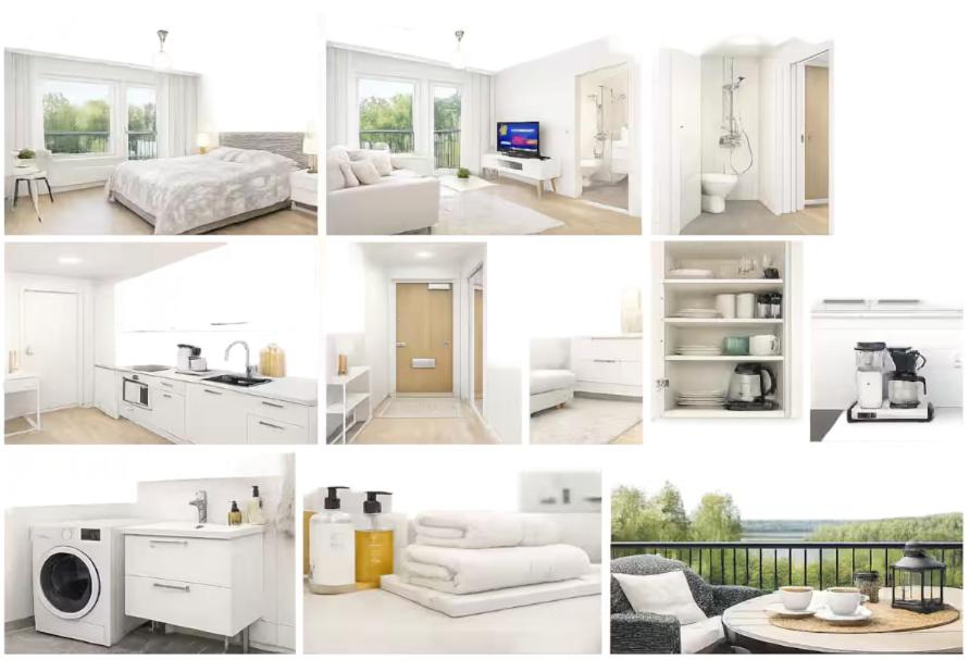 a collage of four pictures of a white room at Modern studio next to Finnoo metro - Tuohi BossHomes in Espoo