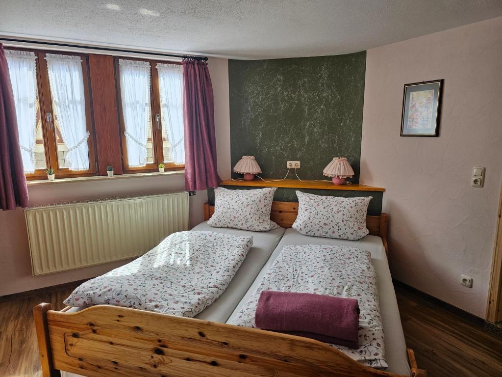 a bedroom with two beds and two windows at Haus zur Ölmühle 2 in Steinsfeld