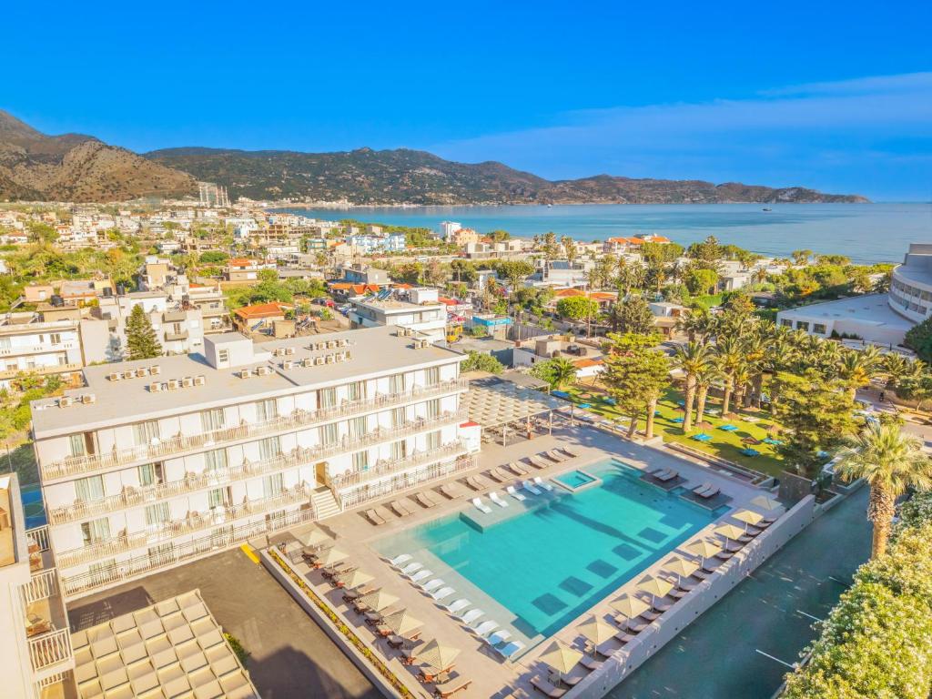an aerial view of the hotel and the ocean at Marilena Hotel in Amoudara Herakliou