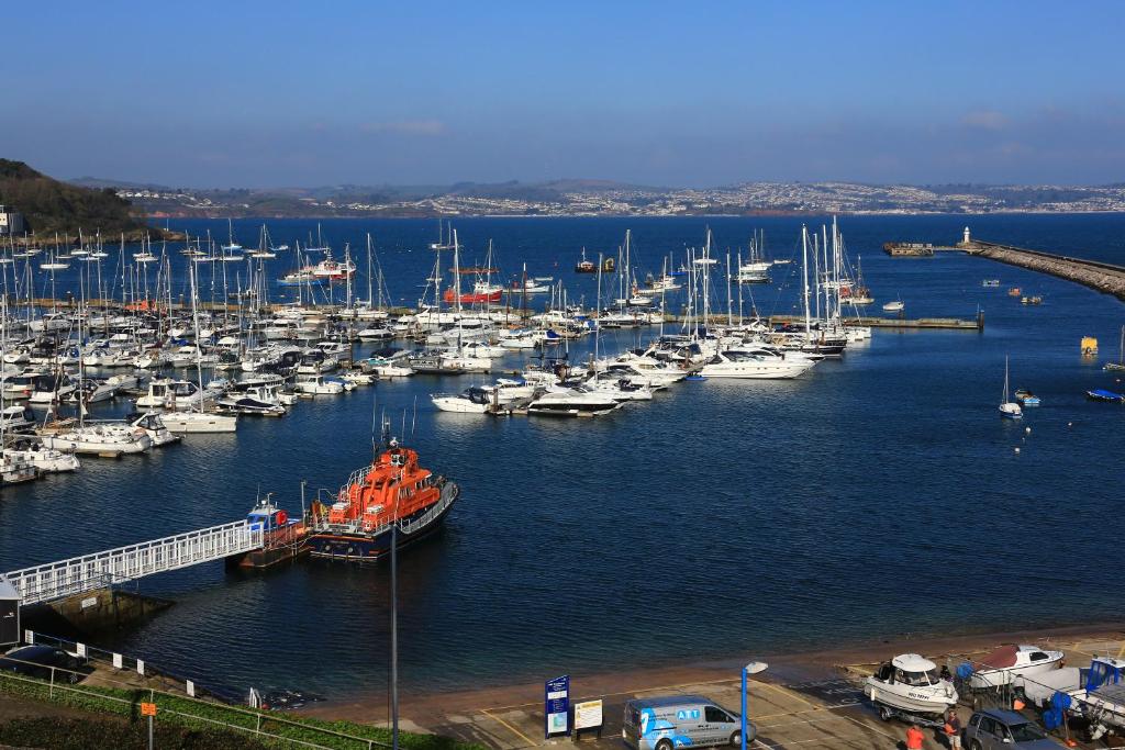 a marina with a bunch of boats in the water at Devoncourt Devoncoast SeaView Apartments in Brixham