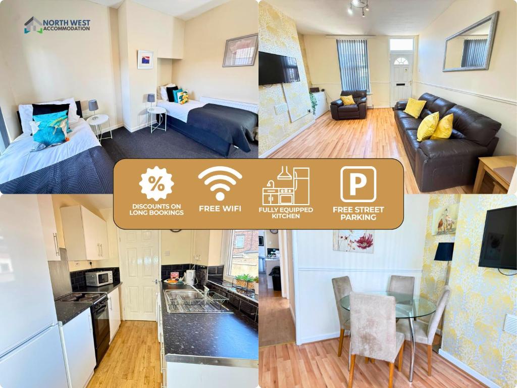 a collage of photos of a living room and a kitchen at SPACIOUS 3 BEDROOM HOUSE WITH FREE STREET PARKING and WIFI IDEAL FOR CONTRACTORS by NORTH WEST ACCOMMODATION in Saint Helens