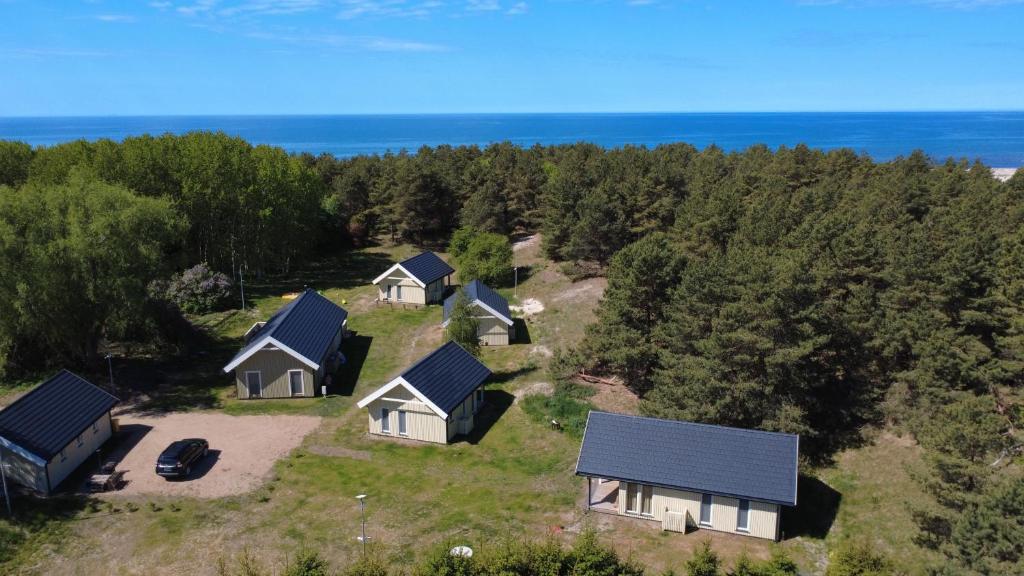 an aerial view of a group of cottages at Papės Perlas in Pape