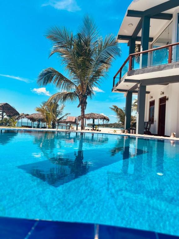 a pool with a palm tree and a building at Grand Bay Hotel in Arugam Bay