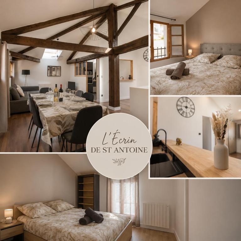 a collage of pictures of a bedroom and a living room at L'écrin de St Antoine in Saint-Antoine