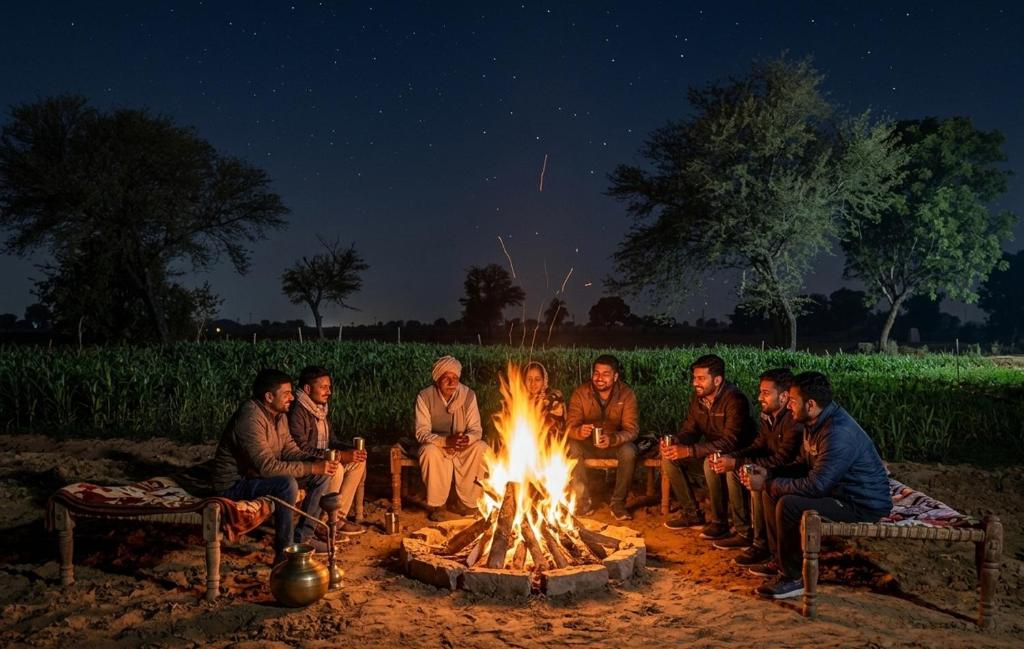 a group of people sitting around a fire at Joon Farm in Kot Qāsim