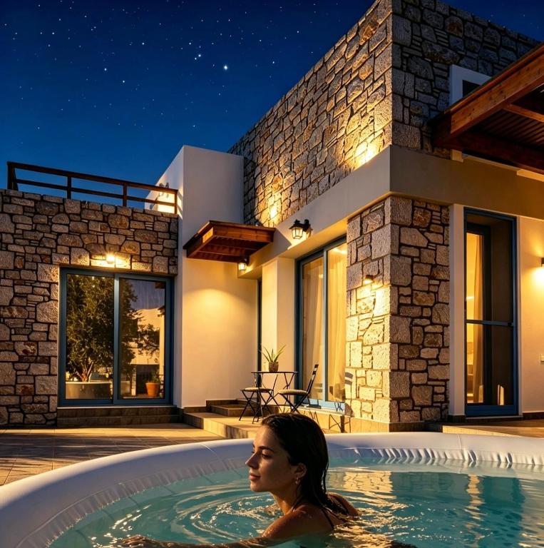 a woman in a pool in front of a house at night at Anasa Rustic Villa in Kolymbia
