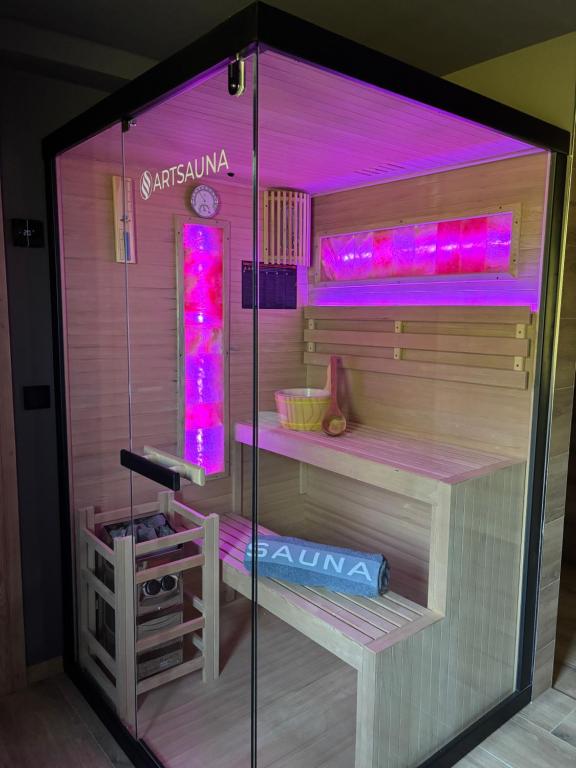 a shower stall with pink lighting in a room at Kaiser`s Holiday Home Apartments mit privater Sauna in Struppen