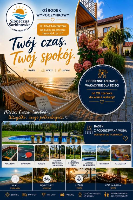 a flyer for a hotel with a hammock at Słoneczna Sarbinówka in Sarbinowo