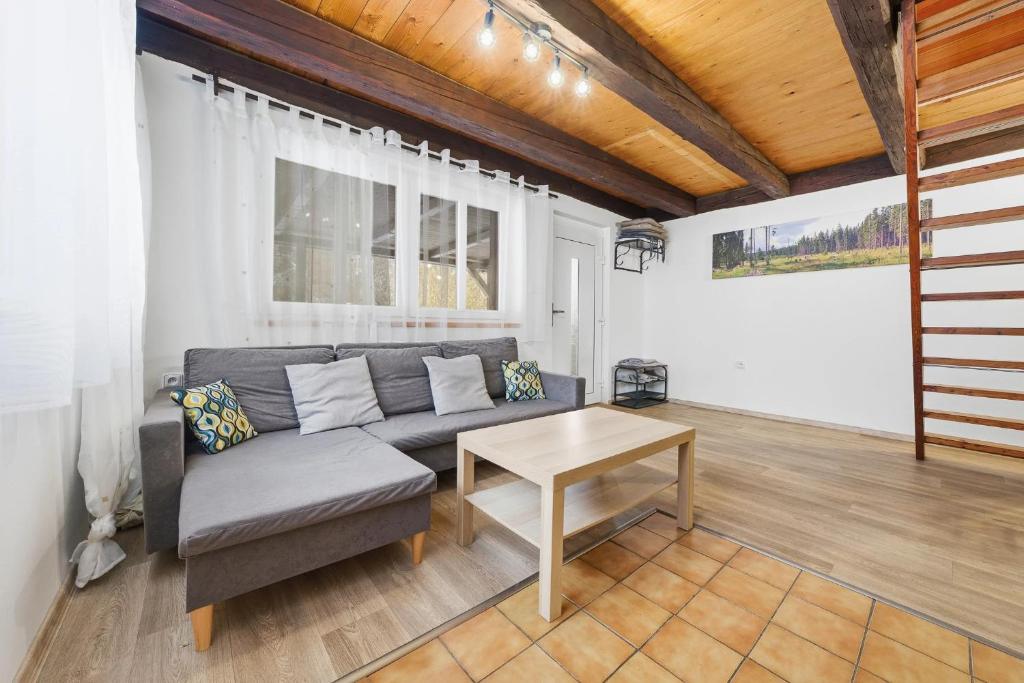 a living room with a couch and a table at Hygge Pržno in Pržno