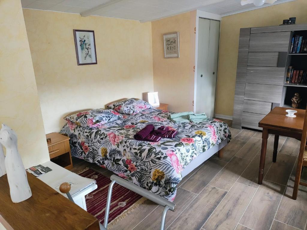 a bedroom with a bed and a table and a desk at Studio chez Fred et Angela in Saint-Dizier