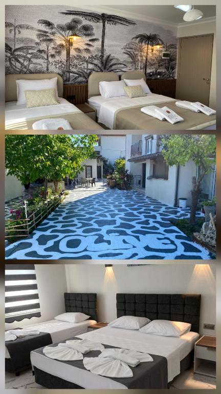 a collage of two pictures of a bed with a blue floor at Olive House in Pamukkale