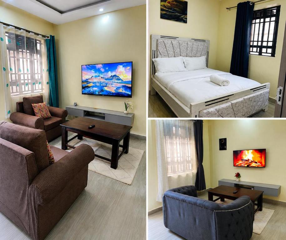 three pictures of a room with a bed and a living room at Rosebank Villas in Luanda