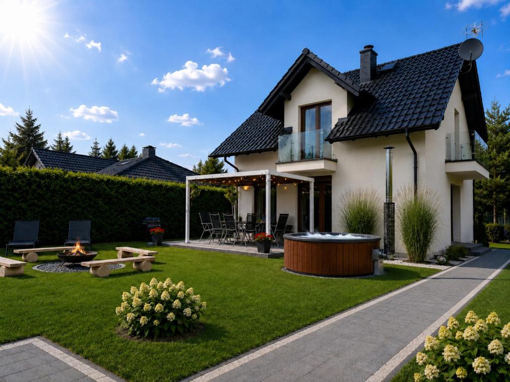 a house with a yard with a fire pit at Lake House Szteklin in Szteklin