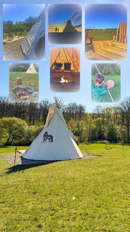 a collage of pictures of a tent in a field at Teepee u Vlčího potoka in Jičíněves