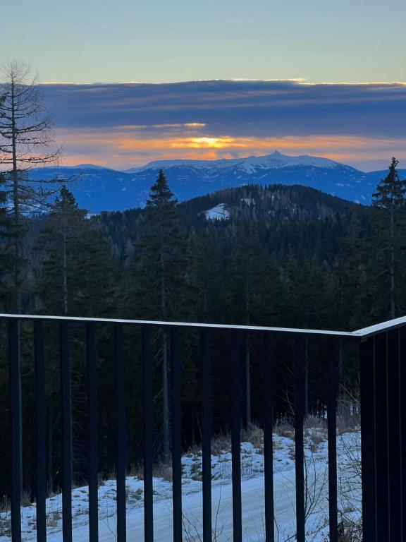 a view of the mountains from a balcony with snow at Das Zehnerkar Chalet - Klippitztörl in Kliening