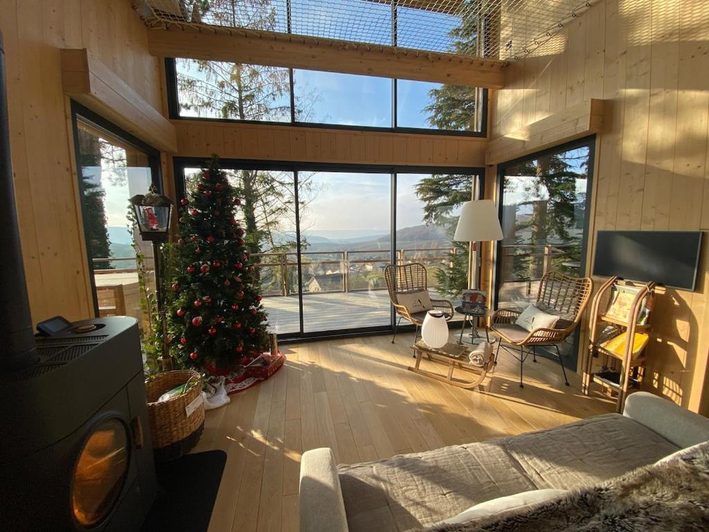 a living room with a christmas tree and a large window at Le Chalet Cormoyeux in Cormoyeux