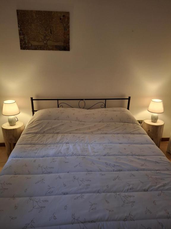 a bedroom with a bed with two lamps on tables at Appartamento Felis in Molina di Ledro