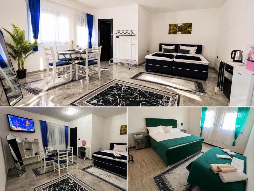 two pictures of a bedroom and a living room at Apartmani M&DŽ Bihać in Bihać