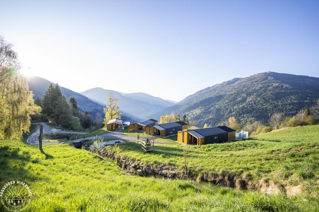 a house in a field with mountains in the background at Possegger Hideaways in Zödl